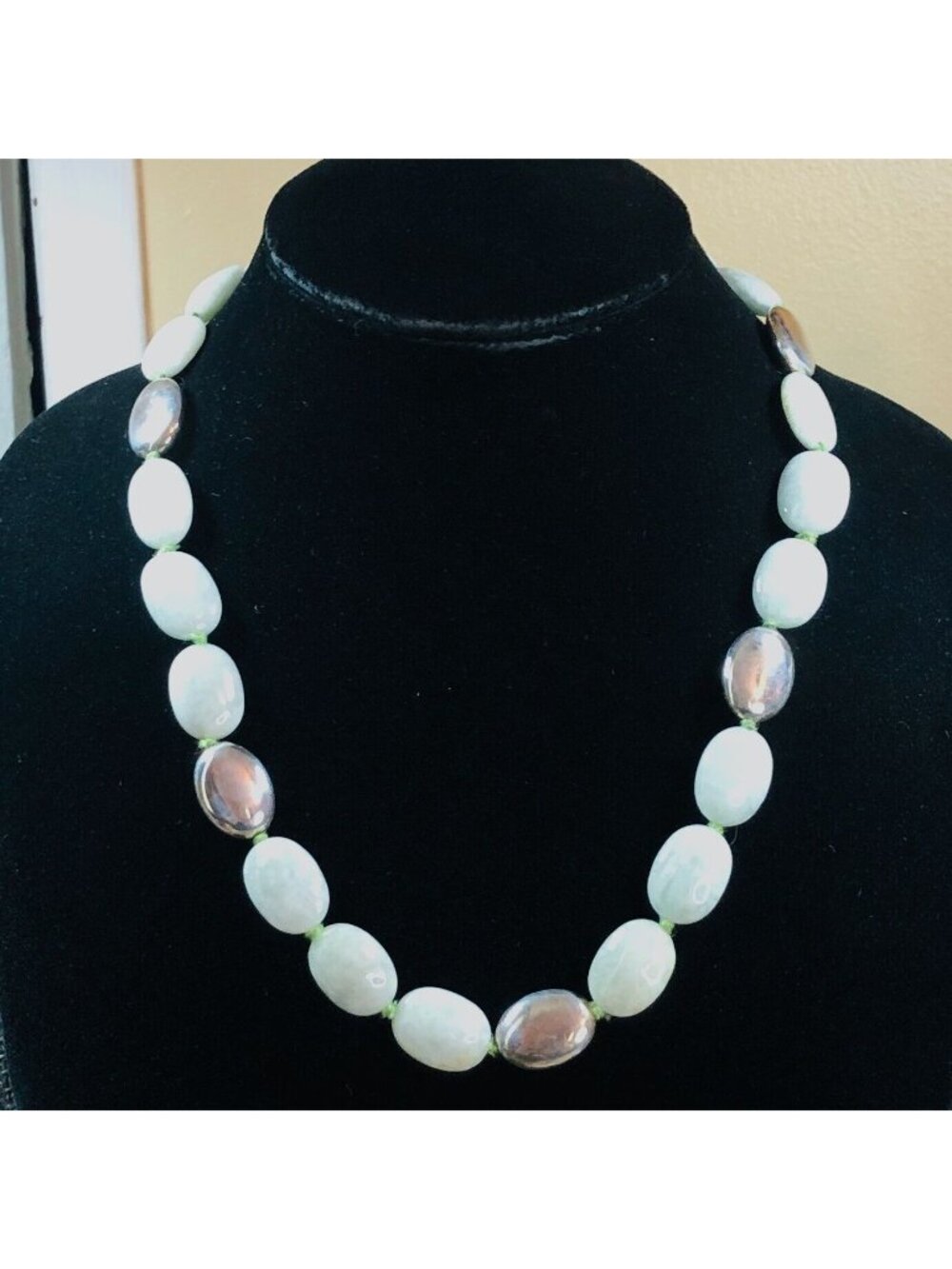 Designer BSJ Womens Necklace Green Jade Sterling Silver Nugget Bead - Picture 2 of 3